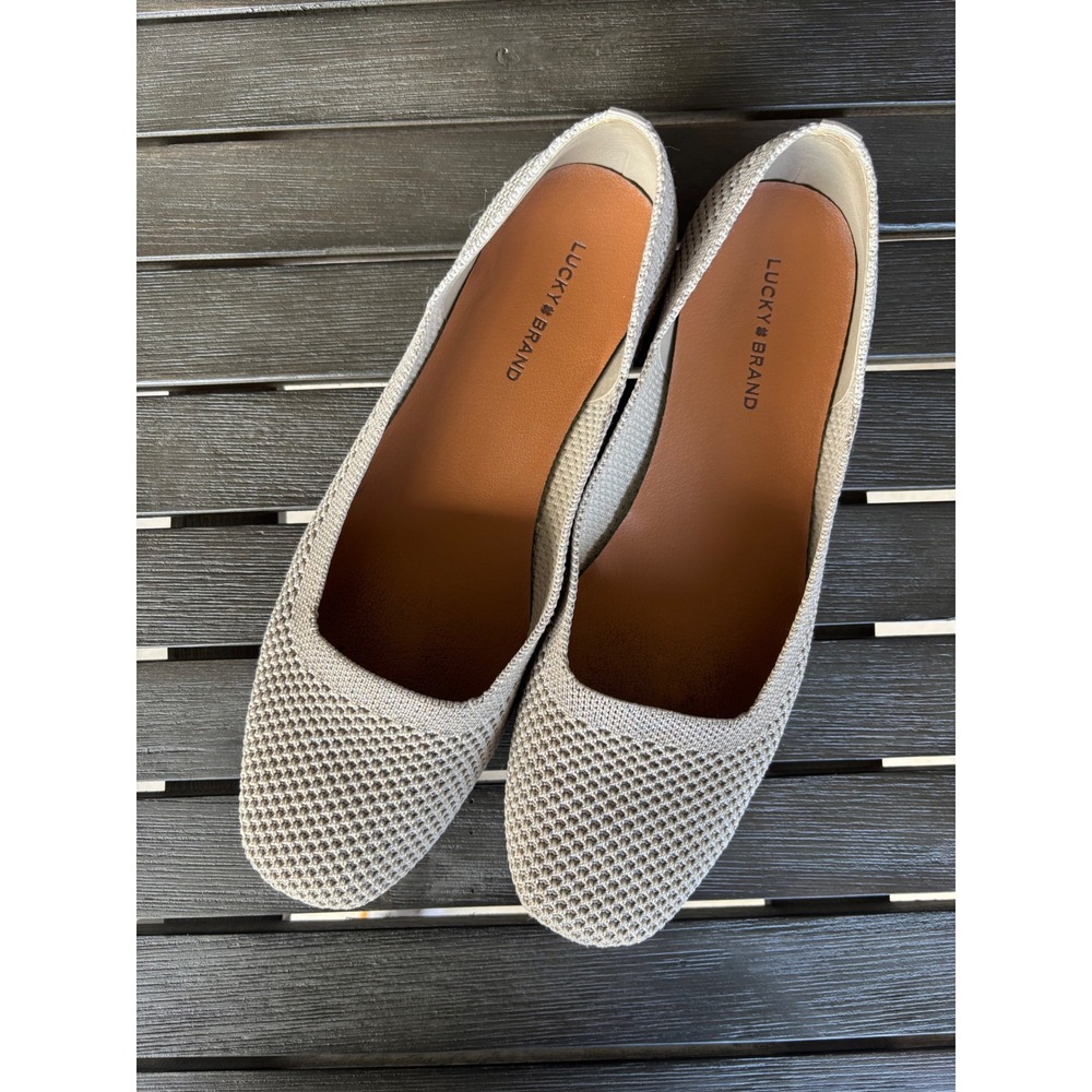 Lucky Brand Dymon Ballet‎ Flats Size 9.5M Beige Knit Metallic Slip On Shoes